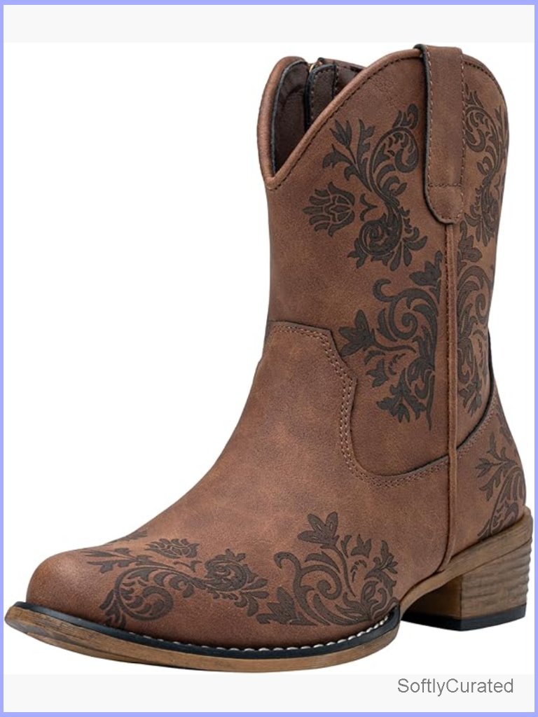 Women's Ankle Cowboy Booties Square Toe Low Heel Western Boots With Zipper